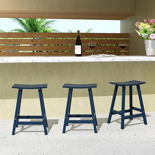 Costaelm All-Weather Bar Stools Set of 3, 24" Height Outdoor Bar Stools, Adirondack Poly Patio Bar Stool for Patio, Deck, Kitchen Counter and Garden, Navy Blue