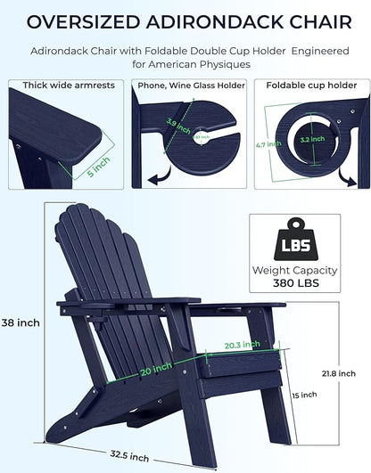 Oversized Adirondack Chair with Dual Cup Holders, Ergonomic High Back HDPE Fire Pit Chair, 380lbs Capacity All-Weather Outdoor Patio Lounge Chair for Garden, Deck, Yard - Navy Blue