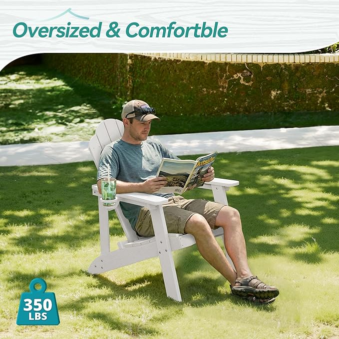 HDPE Adirondack Chairs Set of 2, Salt-Spray & Weather Resistant Outdoor Seating with Hidden Cup Holder for Porch, Poolside, Deck & Coastal Backyard, White