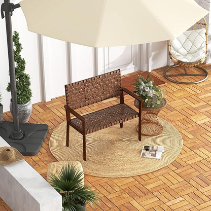 Tangkula Patio Loveseat Bench, Outdoor All Weather Bench with Solid Rubber Wood Frame & Hand Woven PU Leather, Indoor Outdoor 2-Seater Conversation Chair for Backyard, Garden, Poolside
