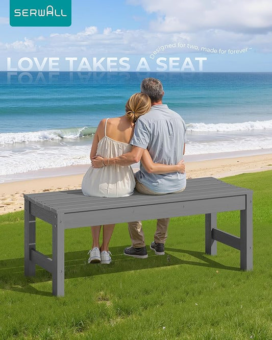 SERWALL 47 Inches Outdoor Bench Set of 2, All Weather HDPE Backless Bench with Wood Grain Texture for Garden Porch and Park, Curved Bench Seat for Comfort, Grey