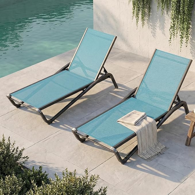 Outdoor Chaise Lounge Chair Set of 2, 5-Position Adjustable Patio Lounge Chair with Aluminum Frame, Textilene Fabric Pool Loung Chairs for Poolside, Deck, Backyard (Lake Blue)