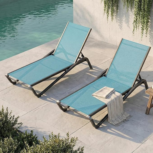 Outdoor Chaise Lounge Chair Set of 2, 5-Position Adjustable Patio Lounge Chair with Aluminum Frame, Textilene Fabric Pool Loung Chairs for Poolside, Deck, Backyard (Lake Blue)