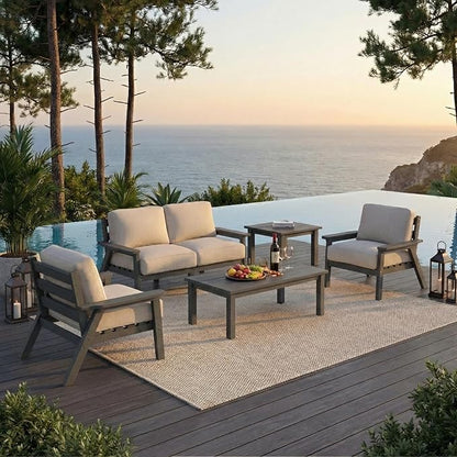 HDPE Patio Furniture Set 4 Seats, Outdoor Couch with Washable Thick Beige Cushions & Coffee Table & Side Table, Outdoor Sectional Furniture for Backyard, Deck, Lawn, Porch (Gray Frame)