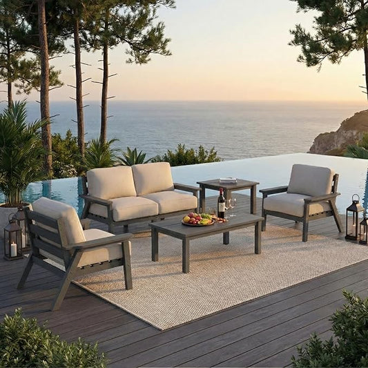 HDPE Patio Furniture Set 4 Seats, Outdoor Couch with Washable Thick Beige Cushions & Coffee Table & Side Table, Outdoor Sectional Furniture for Backyard, Deck, Lawn, Porch (Gray Frame)