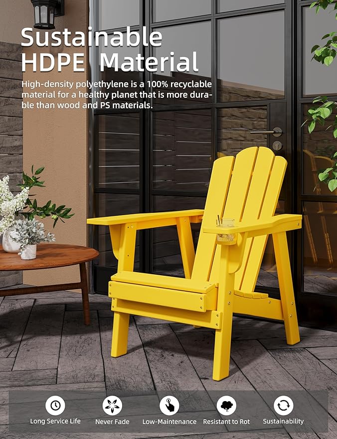 Adirondack Chair - Durable HDPE Poly Lumber All-Weather Resistant, Oversized Balcony Porch Patio Outdoor Chair for Lawn, Backyard, Deck, Garden, Camping - Easy Installation, Yellow