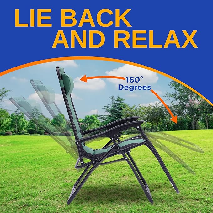 SereneLife Padded Zero Gravity Lounge Chair - Reclining Patio Chairs - Outdoor Lounge Chairs with Detachable Cup Holder Tray - Folding Recliner Chair with Removable Pillows - 1, Green and Black