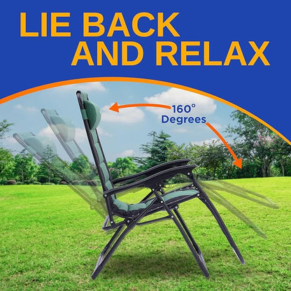 SereneLife Padded Zero Gravity Lounge Chair - Reclining Patio Chairs - Outdoor Lounge Chairs with Detachable Cup Holder Tray - Folding Recliner Chair with Removable Pillows - 1, Green and Black