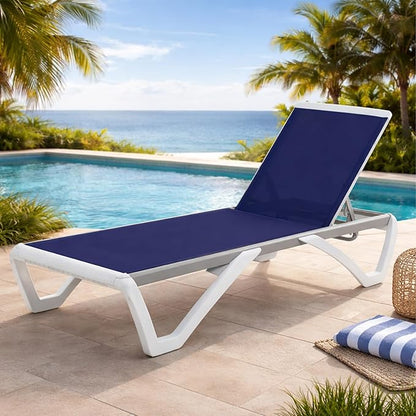 Kozyard Outdoor Chaise Lounge Chair, Full Flat Adjustable Patio Lounger with Aluminum Frame & Resin Legs, Textilene Fabric for Poolside, Backyard & Beach (NavyBlue Without Table)