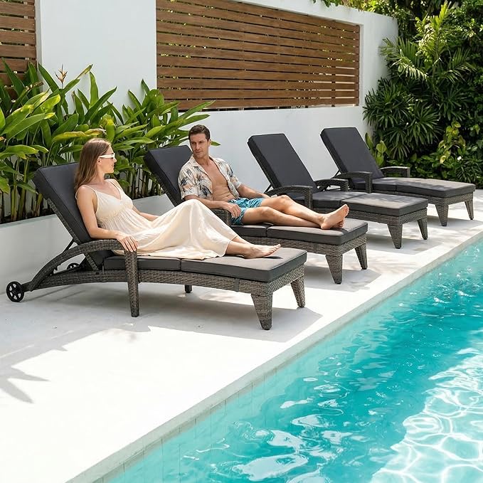 Chaise Lounge Chairs Set of 4, Upholstered 4-Positions Adjustable Lounge Chairs - Photo 1