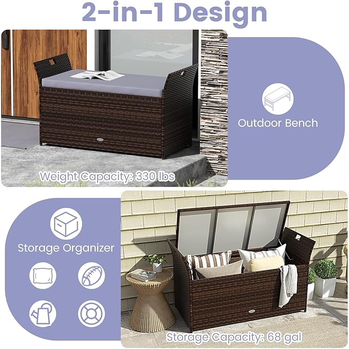 Tangkula 68 Gallon Outdoor Wicker Storage Bench, Patio Storage Box with Hand-Woven PE Rattan, Cushion & Side Handles, Outdoor Deck Box for Poolside, Backyard, Garden (Gray)