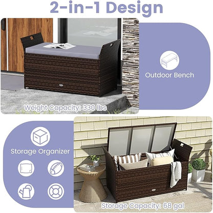 Tangkula 68 Gallon Outdoor Wicker Storage Bench, Patio Storage Box with Hand-Woven PE Rattan, Cushion & Side Handles, Outdoor Deck Box for Poolside, Backyard, Garden (Gray)