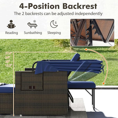 RELAX4LIFE Wicker Outdoor Daybed with Canopy - Rattan Loveseat Sofa Set w/Storage Ottomans, Adjustable Back, Retractable Trays, Sunbed Double Chaise Lounge for Backyard, 2-Seater Patio Daybed (Navy)