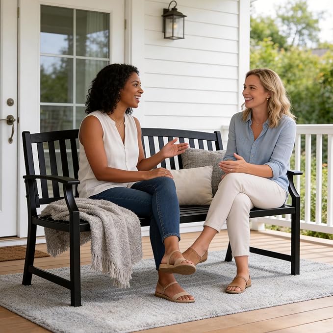 Grand patio 52" Farmhouse Outdoor Bench, Garden Benches with Anti-Rust Aluminum Powder Coated Frame, Faux Wood Grain Finish Frame Patio Bench for Front Porch, Black