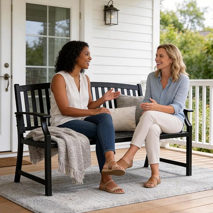 Grand patio 52" Farmhouse Outdoor Bench, Garden Benches with Anti-Rust Aluminum Powder Coated Frame, Faux Wood Grain Finish Frame Patio Bench for Front Porch, Black