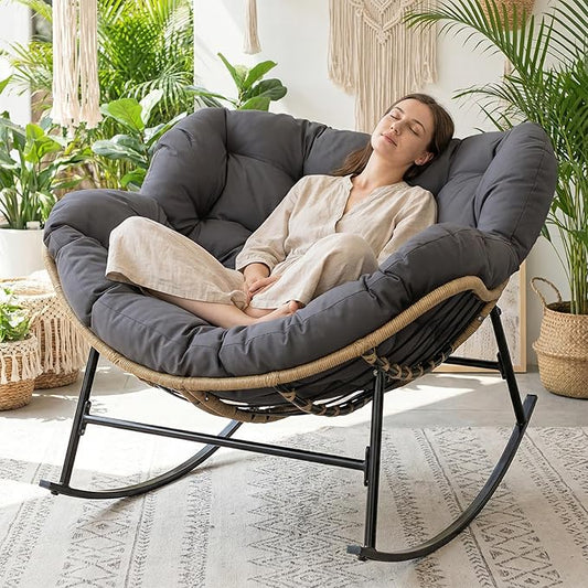 NICESOUL Outdoor Papasan Rocking Chair with Cushion, All-Weather Patio Egg Rocker, Oversized Rattan Glider for Reading & Relaxing, Large Comfy Recliner Lounge Chairs for Balcony Garden Backyard, Grey