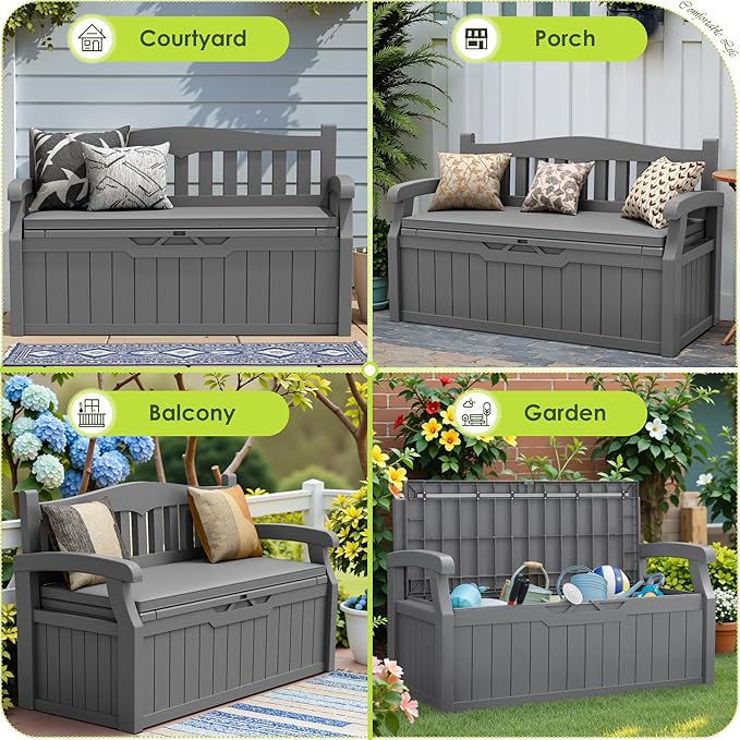 Greesum 80 Gallon Heavy-Duty Outdoor Storage Bench with Cushion, UV-Resistant Resin Bench with Armrest, Deck Box for Garden, Poolside, Patio, Dark Grey