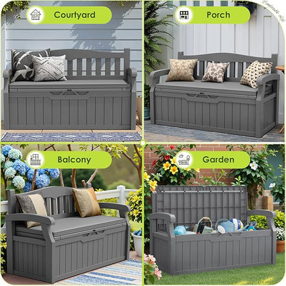 Greesum 80 Gallon Heavy-Duty Outdoor Storage Bench with Cushion, UV-Resistant Resin Bench with Armrest, Deck Box for Garden, Poolside, Patio, Dark Grey