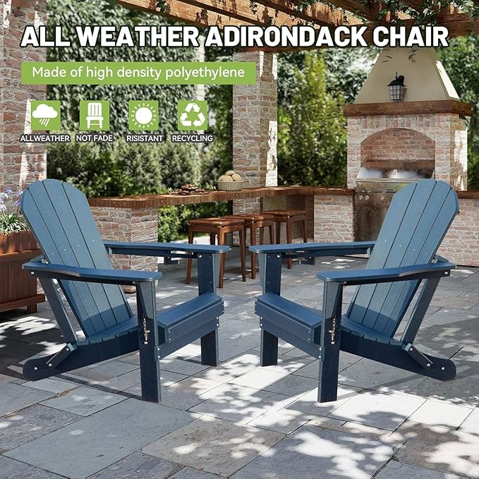 GOWE Adirondack Chairs Set of 2, Plastic Adirondack Chair, Adirondack Chairs, HDPE Adirondack Chair, Folding Adirondack Chairs, Outdoor Chairs with Cup Holder for Lawn Patio Deck Fire Pit -Dark Blue