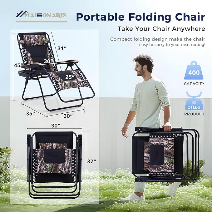 MAISON ARTS Oversized XXL Padded Zero Gravity Lawn Chairs Set of 2 Foldable Recliners Anti Gravity Lounge Chairs 30" - Photo 2