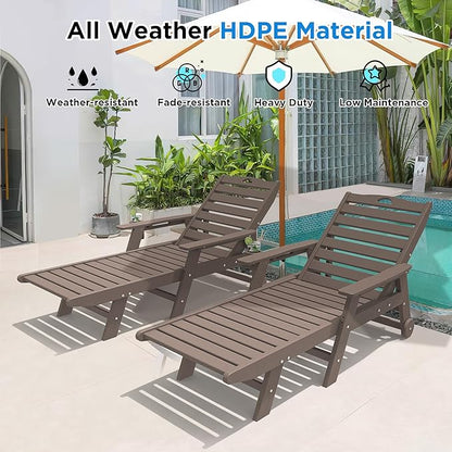 nalone Outdoor Chaise Lounge Chair Set of 2 with Wheels & Cup Holder, HDPE Pool Lounge Chairs with 5-Position Adjustable Backrest Supports Up to 400 LBS for Patio Poolside Deck Beach (Grey Brown)