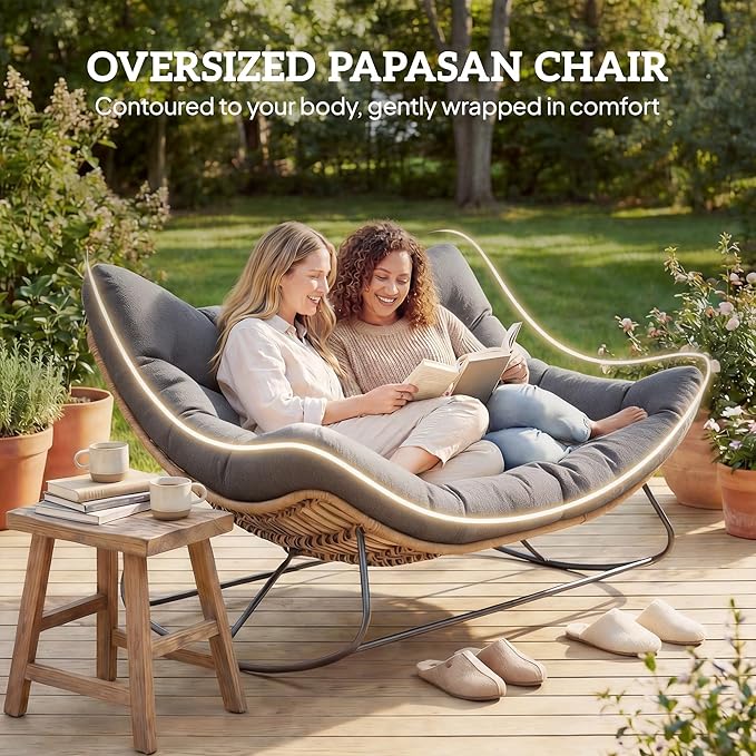Outsunny Double Papasan Rocking Chair, Wicker Oversized Indoor Outdoor Rocking Chair with Cushion, PE Rattan Padded Outdoor Rocker Egg Chairs for Living Room, Garden, Patio, Balcony, Gray