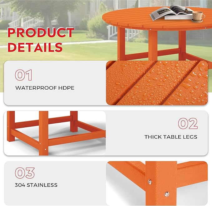 Costaelm Patio Conversation Table, Tatio Accent HDPE Outdoor Weather Resistant, Round Outdoor Porch Balcony Patio Drink Table for Outside, Pool, Backyard, Orange