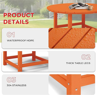 Costaelm Patio Conversation Table, Tatio Accent HDPE Outdoor Weather Resistant, Round Outdoor Porch Balcony Patio Drink Table for Outside, Pool, Backyard, Orange