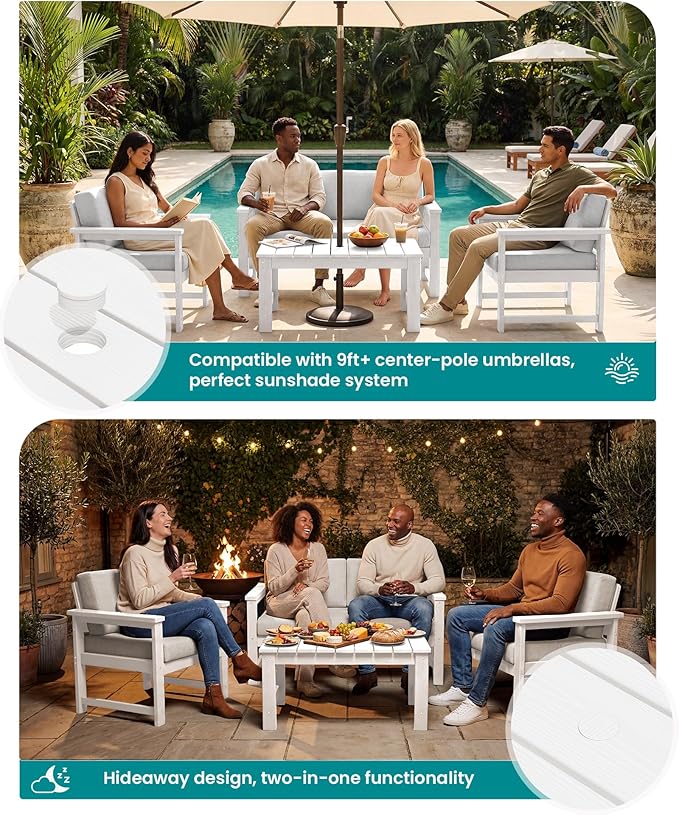 SERWALL HDPE Outdoor Loveseat with Cushions, All Weather Use Outdoor Loveseat Sofa, White Frame/Khaki Cushion - Photo 5