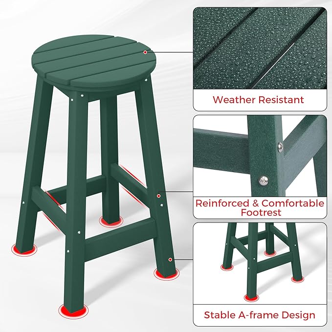 Costaelm 24" Height Outdoor Bar Stools, All-Weather Bar Stools, Adirondack Poly Patio Round Bar Stool for Patio, Deck, Kitchen Counter and Garden, Dark Green