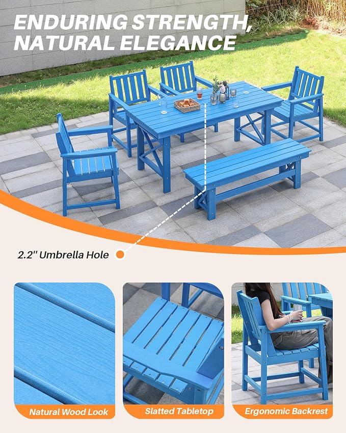 HDPE Outdoor Dining Set of 6, Patio Dining Table Set with 4 Chairs and 1 Bench - Photo 7