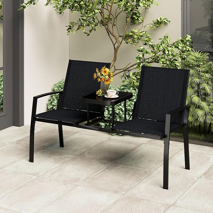 Tangkula Patio Loveseat with Built-in Table, 2-Seat Small Balcony Furniture with Breathable Fabric, Heavy Duty Metal Frame, Tempered Glass Tabletop, Outdoor Seating Bench for Porch Backyard Garden