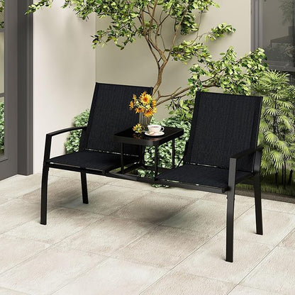 Tangkula Patio Loveseat with Built-in Table, 2-Seat Small Balcony Furniture with Breathable Fabric, Heavy Duty Metal Frame, Tempered Glass Tabletop, Outdoor Seating Bench for Porch Backyard Garden