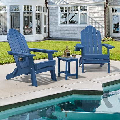 LUE BONA Folding Adirondack Chair Set of 2 with Adirondack Side Table, Navy Blue HDPS Fire Pit Adirondack Chairs with Cup Holder for Patio, Proch