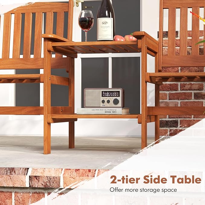 RELAX4LIFE Outdoor Loveseat with Built-in Table - Wood Patio Chairs w/Center Table & Umbrella Hole, 2-Person Garden Bench for Porch Deck Pool Balcony Backyard, 2-Seater Wooden Patio Furniture Set