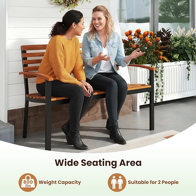 Tangkula 43" Outdoor Garden Bench, 2-Person Acacia Wood Bench with Heavy-Duty Metal Frame, Slatted Seat & Curved Armrests, 800 lbs Weight Capacity, Patio Bench for Porch, Yard, Balcony, Lawn