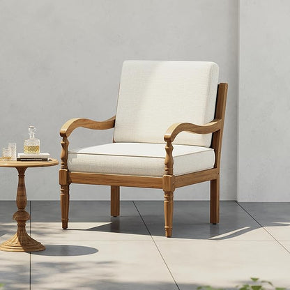 Christopher Knight Home Pyosik Acacia Wood Patio Chair, Comfy Armchair with Thick Cushions, Comfort Seating for Garden Backyard Poolside, Wooden Lounge Chair Outdoor with Armrest, Beige + Natural