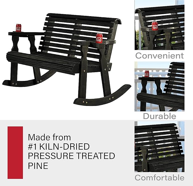 Amish Casual Heavy Duty 800 Lb Roll Back Pressure Treated Double Rocker with Cupholders (Semi-Solid Black Stain)