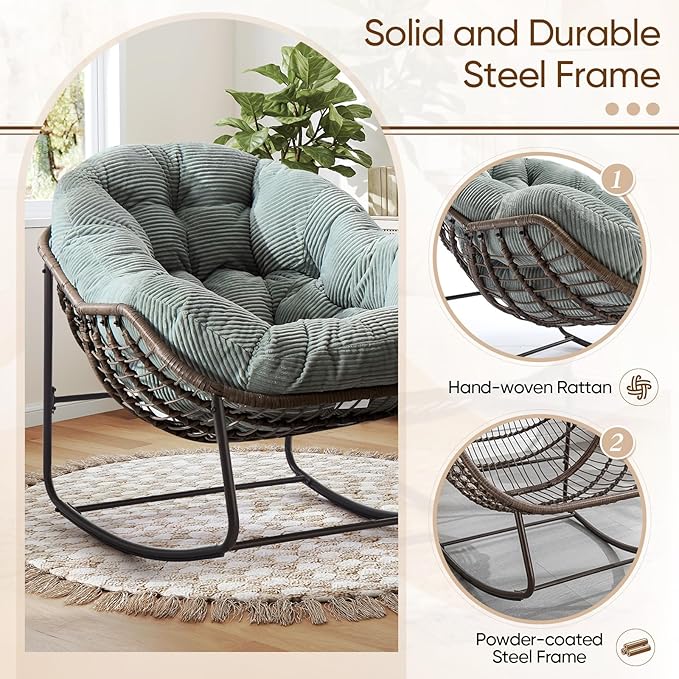 Large Indoor Rocking Chair, Oversized Rocking Papasan Chair with Thick Cushion and Frame,Comfy Corduroy Rocker Wicker Egg Chairs Lounge Reading Chair for Living Room, Bedroom, Apartment,Green