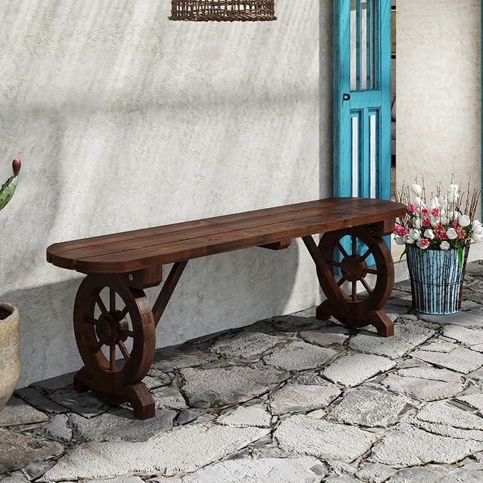 HAPPYGRILL Patio Wood Bench Outdoor Rustic Wagon Wheel Bench w/Carbonized Finish & Fir Construction, 2-Person Wooden Outdoor Bench for Patio, Garden, Porch, Park