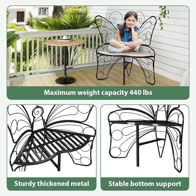 HavenlyYouth Butterfly Shaped Outdoor Bench, Black Garden Bench for Outdoor with Sturdy Stable Metal Frame, Butterfly Chair Butterfly Bench Outdoor for Garden, Yard, Balcony, Lawn (Black)