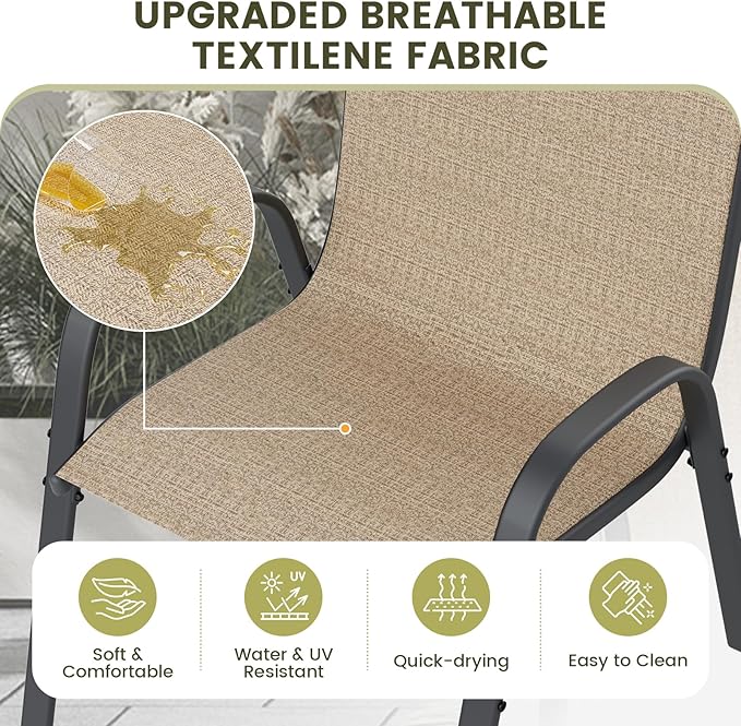 UDPATIO Patio Dining Set for 7, Outdoor Table and Chairs Set with Square Metal Table, 6 Stackable Patio Chairs, Outdoor Furniture for Deck Garden Backyard Lawn Poolside (Brown)