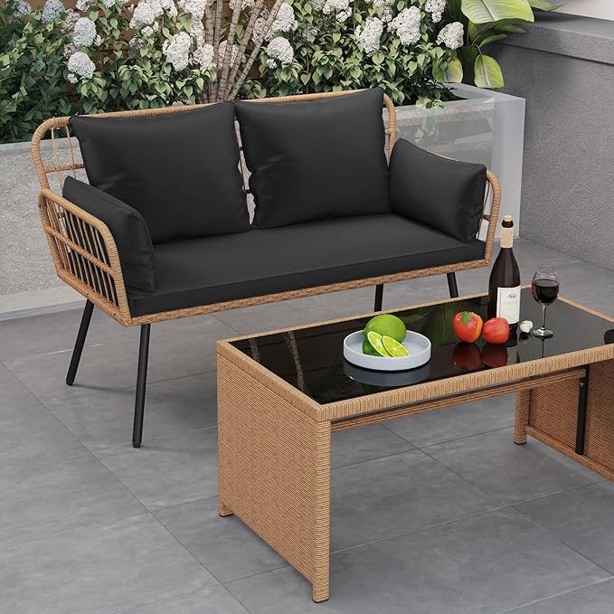 Tangkula Patio Wicker Loveseat, Outdoor Rattan 2-Seat Cushioned Sofa with Heavy Duty Metal Frame, for Backyard, Porch - Photo 5