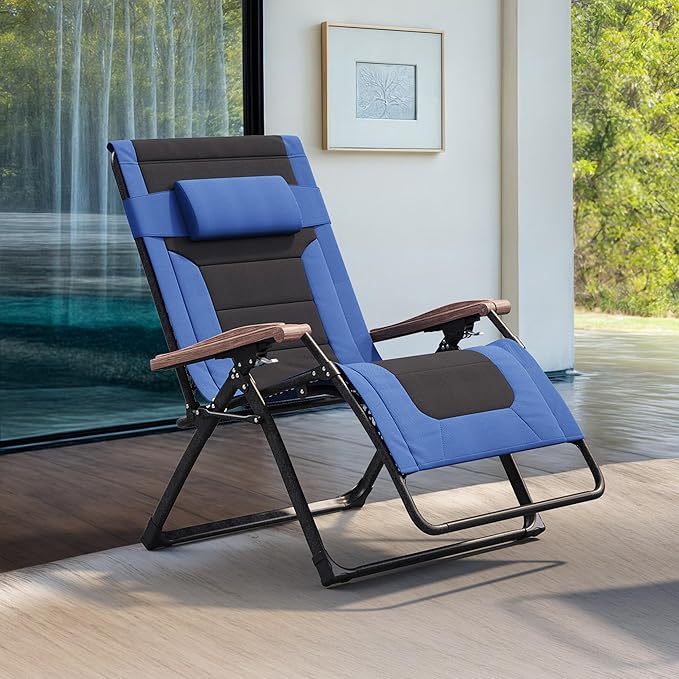 PURPLE LEAF Extra Wide Outdoor Reclining Chair Patio Zero Gravity Chaise Lounge Folding Chair with Quilted Cushion Adjustable Headrest for Lawn Camping Beach Pool Navy Blue and Black