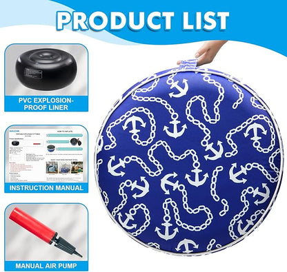 AURASUN Inflatable Patio Ottoman Pouf - Portable Stool with Handle D20” x H10” - Air Pump Included for Outdoor Indoor Use - Comfortable Foot Rest or Seating for Garden Camping or Home (Navy Blue)