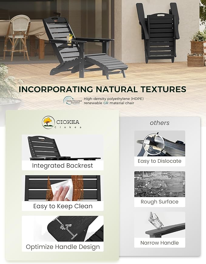 Ciokea Folding Adirondack Chair with Retractable Ottoman Fire Pit Patio Chair with Pull Out Foot Rest Weather Resistant - Photo 6