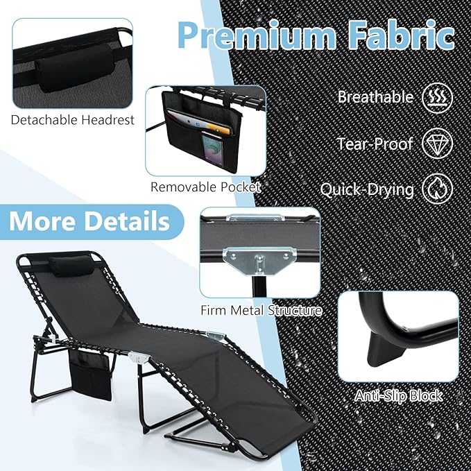 Giantex Lounge Chair Outdoor, Folding Tanning Chair with 4 Adjustable Positions, Removable Headrest, Footrest, Side Pocket, Load 440 Lbs, Portable Recliner for Lawn, Yard, Beach, Sunbathing (2, Black)