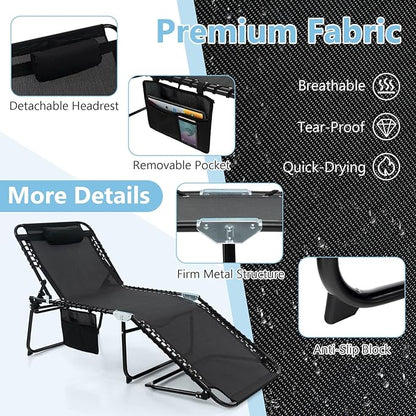 Giantex Lounge Chair Outdoor, Folding Tanning Chair with 4 Adjustable Positions, Removable Headrest, Footrest, Side Pocket, Load 440 Lbs, Portable Recliner for Lawn, Yard, Beach, Sunbathing (1, Black)
