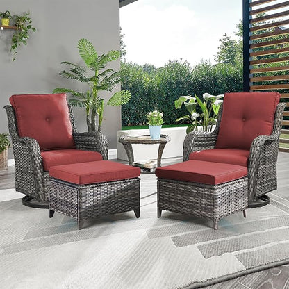 Rilyson Wicker Patio Furniture Set - 5 Piece Rattan Outdoor Sectional Conversation Sets with 2 Swivel Rocking Chairs,2 Ottomans and 1 Side Table for Porch Deck Garden(Mixed Grey/Red)