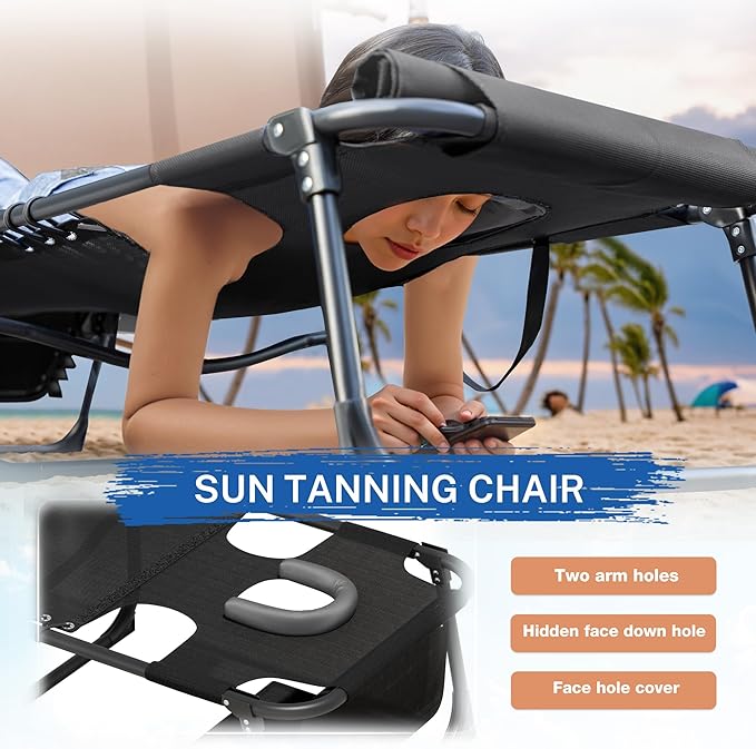 Devoko Beach Lounge Chair, Outdoor Sun Tanning Chair with Face Hole, Heavy Duty Folding Portable Lay Chaise Lounge Chairs for Outside Beach Pool Camping Patio, Black